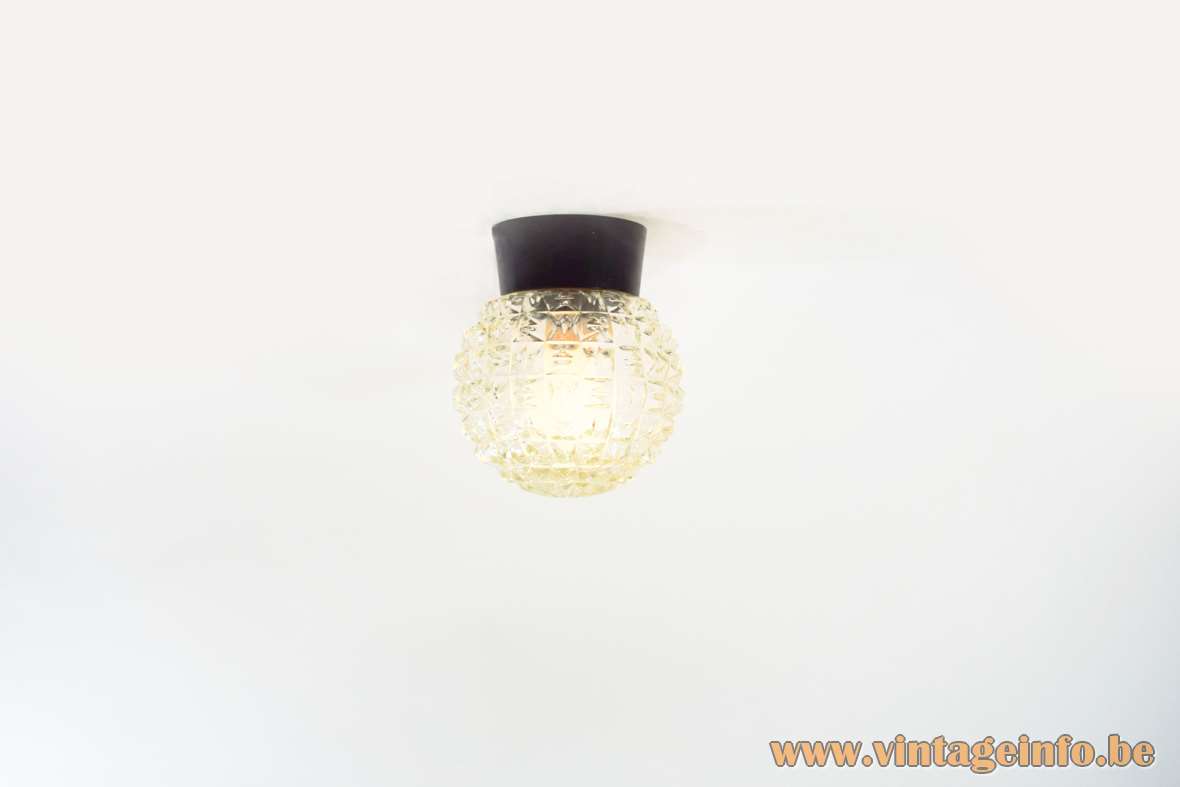 RZB Globe flush mount black Bakelite ceiling light embossed pressed glass lampshade leuchten 1950s 1960s Germany