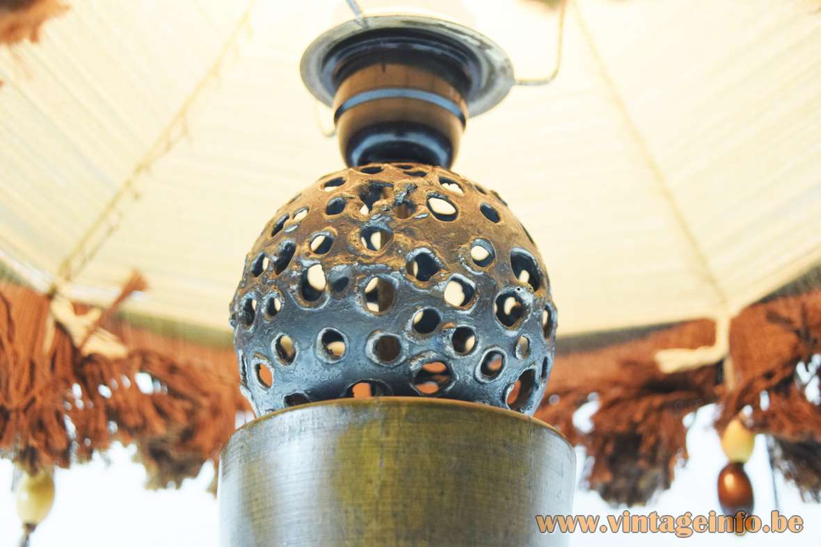 Rosewood Table Lamp welded holed metal sphere handmade jute and wool lampshade wooden pearls 1970s MCM