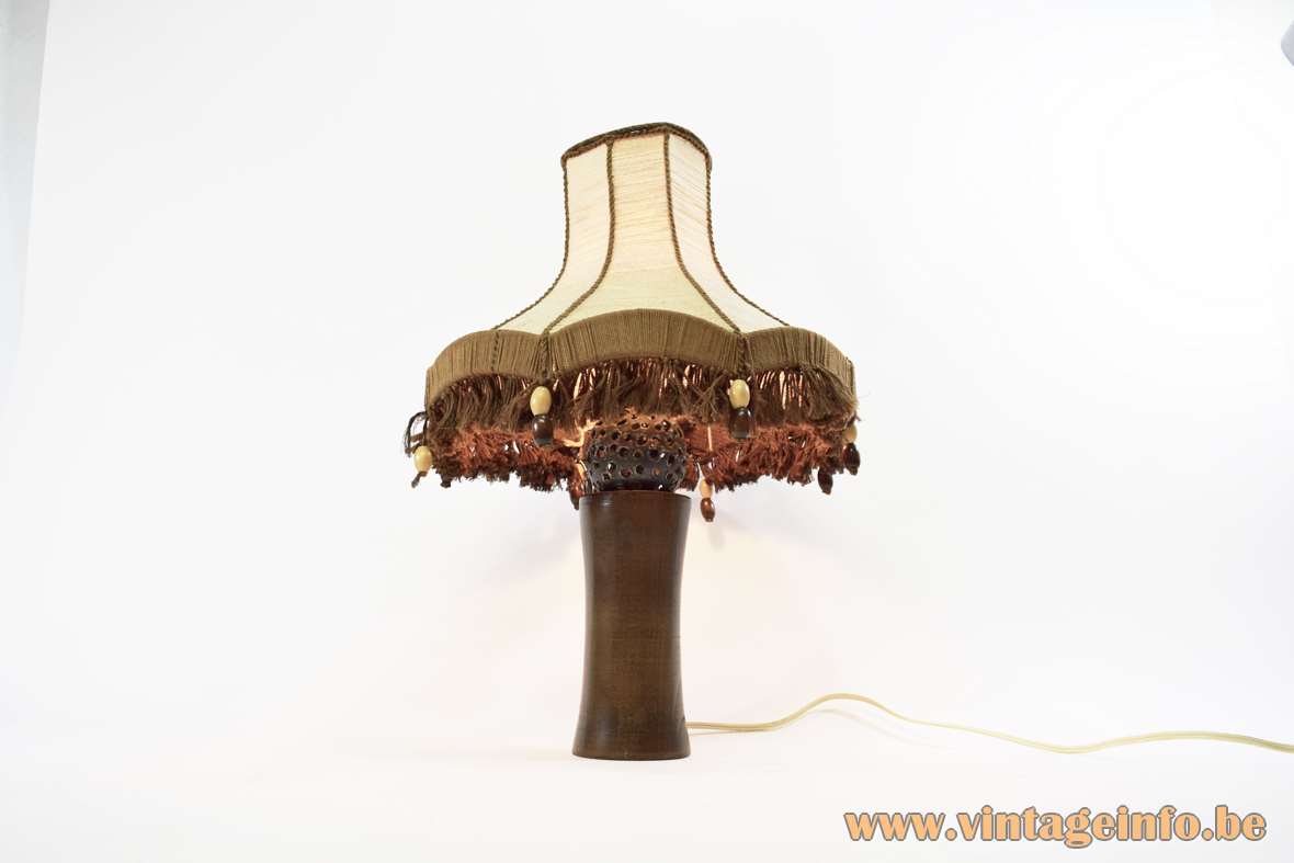 Rosewood Table Lamp welded holed metal sphere handmade jute and wool lampshade wooden pearls 1970s MCM