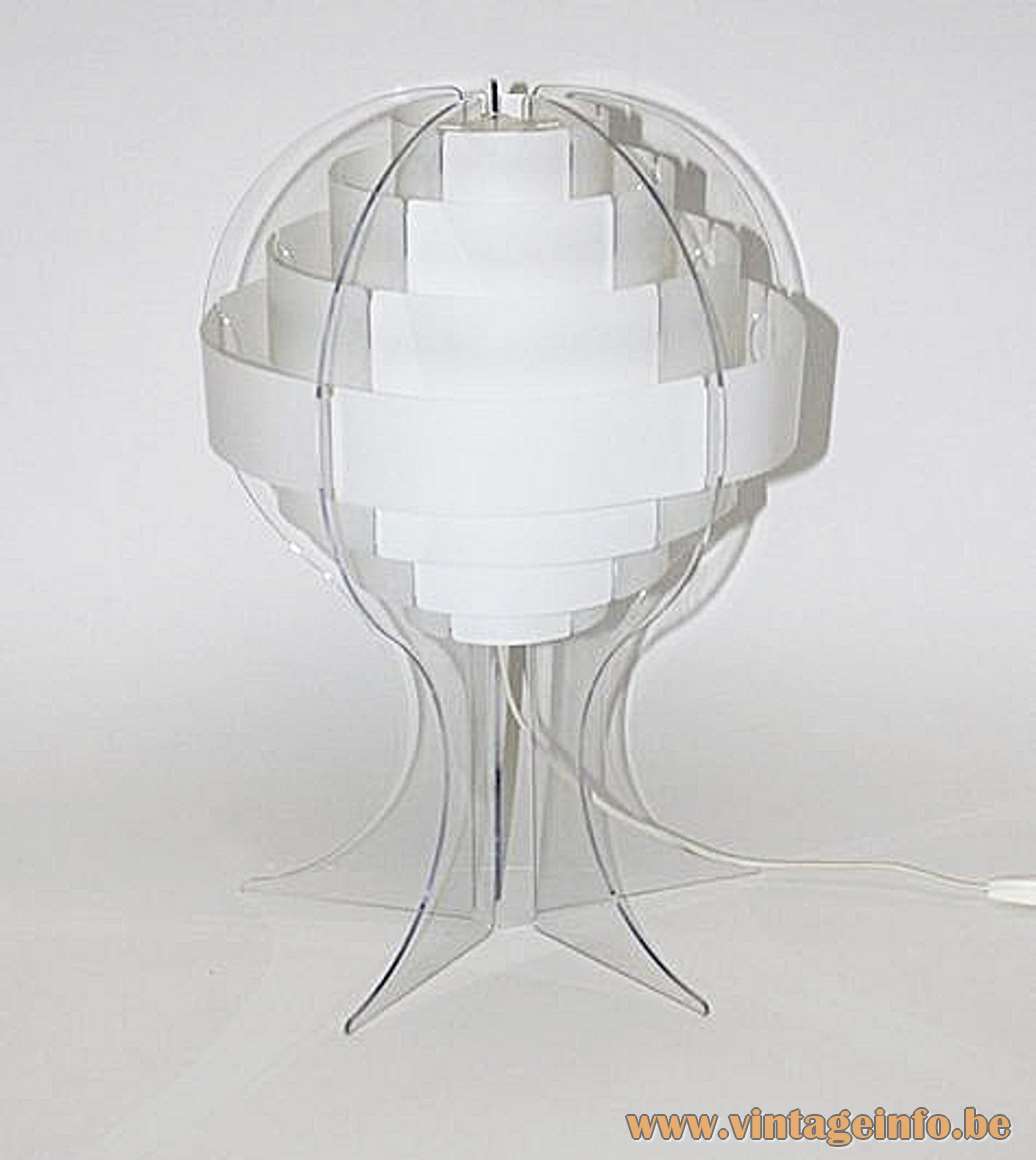 Strips table lamp design: Flemming Brylle & Preben Jacobsen clear acrylic slats white globe lampshade 1960s Denmark