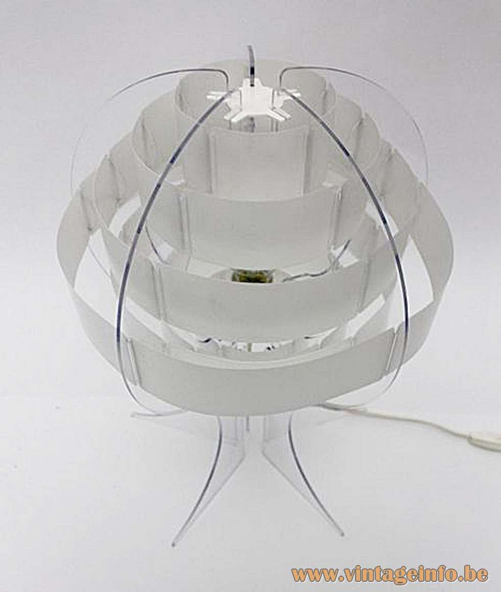 Strips table lamp design: Flemming Brylle & Preben Jacobsen clear acrylic slats white globe lampshade 1960s Denmark