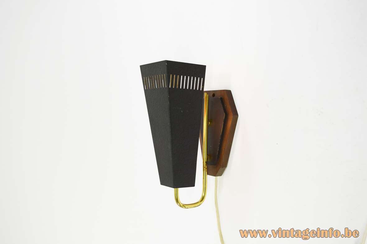 1950s trapezium wall lamp black wrinkle paint kite lampshade brass rod wood wall mount 1960s vintage