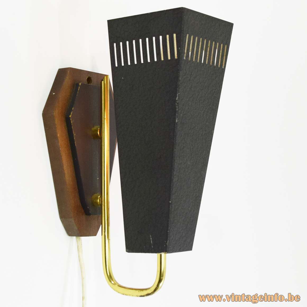 1950s Trapezium Wall Lamp black wrinkle paint brass curved rod wooden wall mount kite MCM 1960s