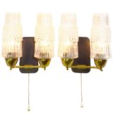 1960s brass double wall lamps conical embossed round pressed glass lampshades black iron 2 E14 sockets