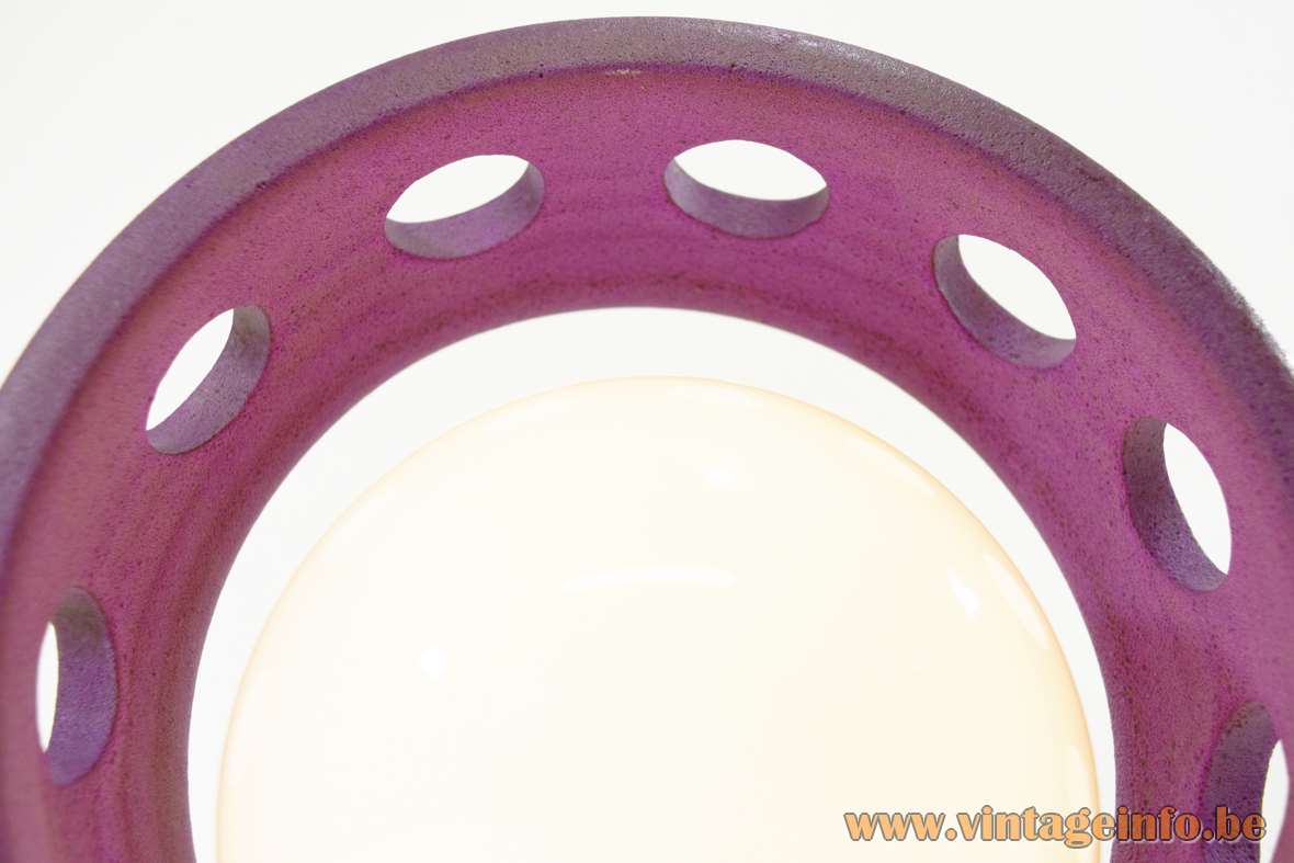 Ceramic circled globe table lamp round purple ring holes white opal globe lampshade 1960s 1970s 