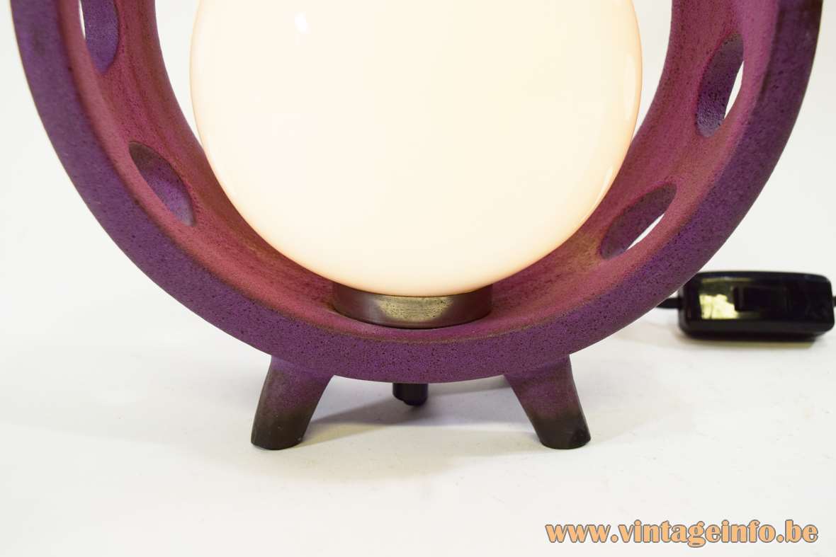 Ceramic circled globe table lamp round purple ring holes white opal globe lampshade 1960s 1970s 