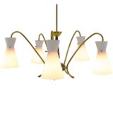 Diabolo opal glass chandelier brass curved rods 5 white lampshades 1950s 1960s Boulanger Belgium E14 sockets