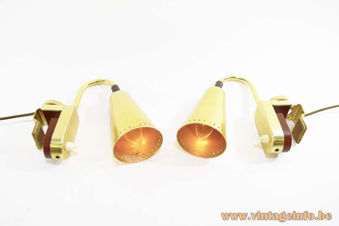 ERCO picture lamps gold anodised aluminium conical lampshades brass curved rods rotary knob 1950s 1960s Germany