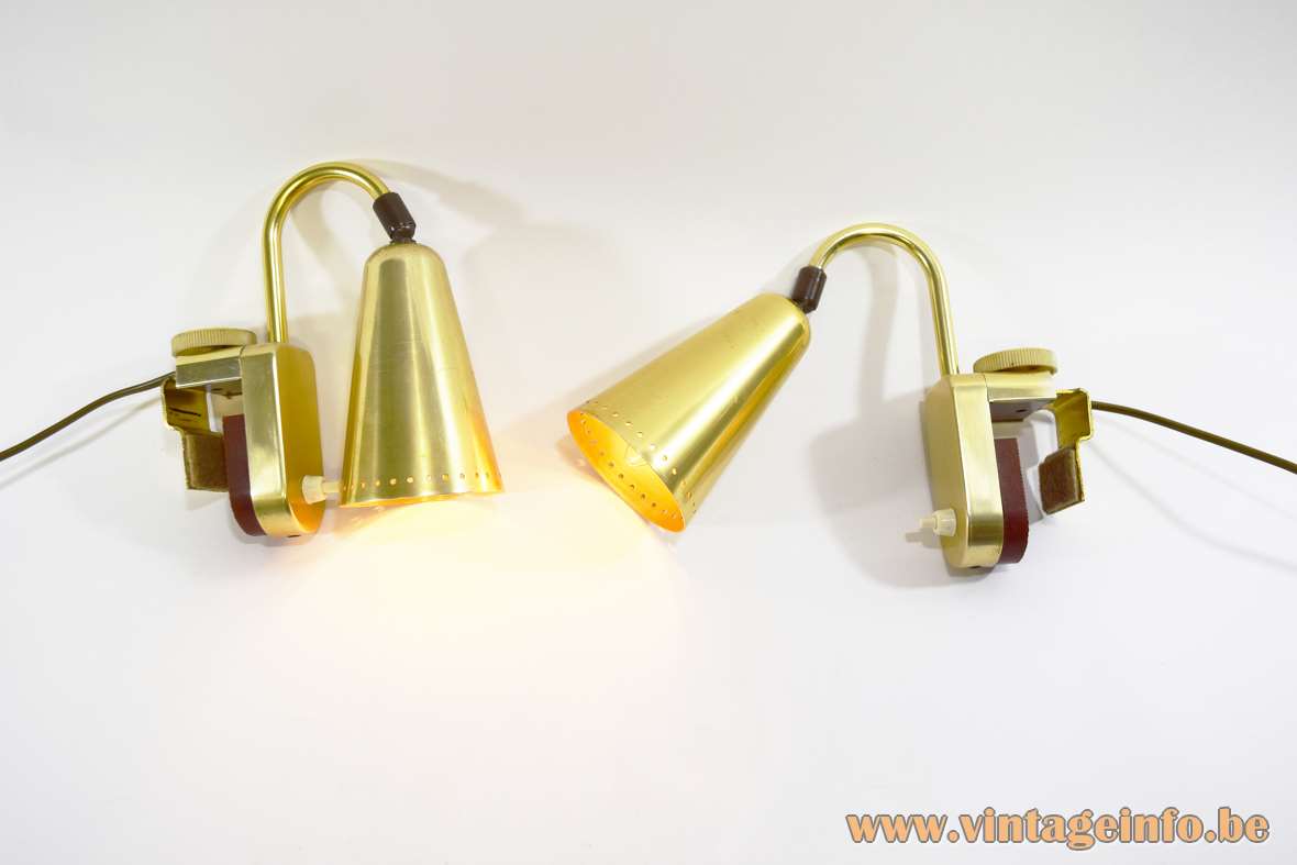 ERCO picture lamps gold anodised aluminium conical lampshades brass curved rods rotary knob 1950s 1960s Germany