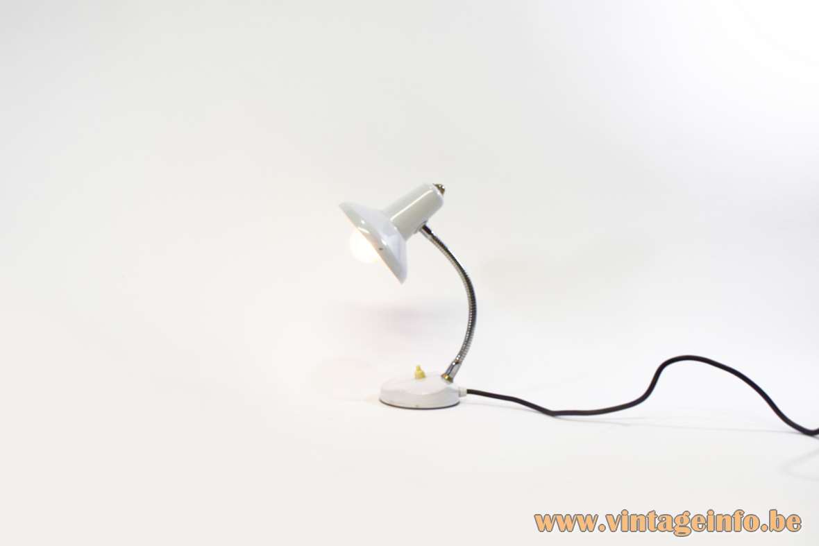 Small gooseneck desk lamp round white metal base & lampshade chrome goose-neck 1970s Massive Belgium E14 socket