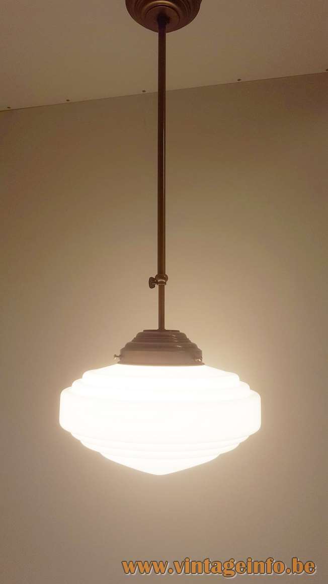 Herda art deco pendant lamp white opal glass lampshade adjustable copper rod Bauhaus revival 1970s 1980s