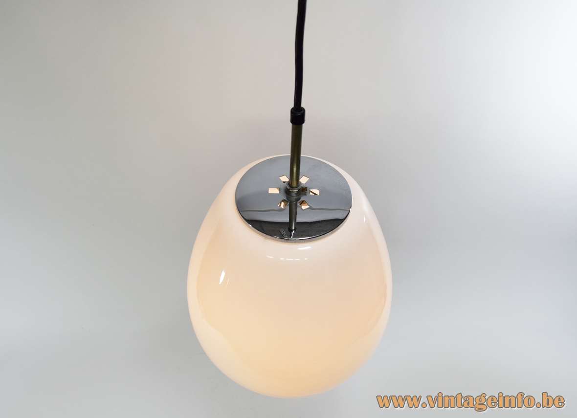 White opal droplet pendant lamp oval glass globe lampshade chrome lid Glashütte Limburg 1960s 1970s Germany