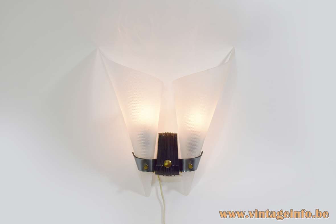 Rotaflex night fly wall lamp 2 white conical wings lampshades black Bakelite mount 1950s 1960s