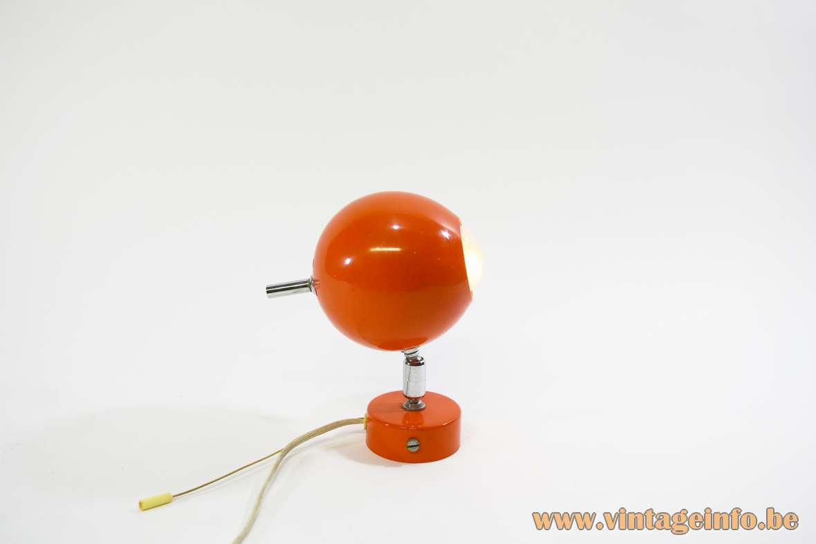 Orange globe wall lamp round metal base spotlight eyeball lampshade 1960s Te De Light Belgium