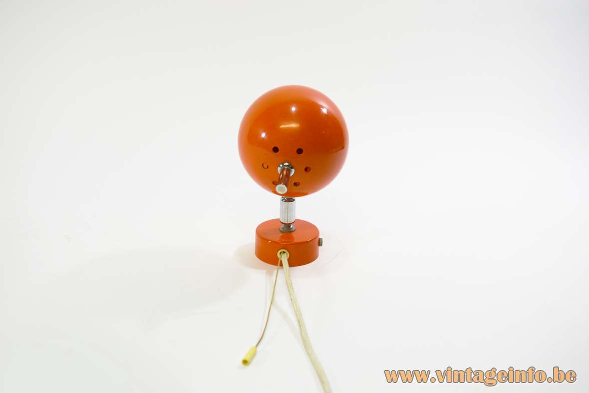 Orange globe wall lamp round metal base spotlight eyeball lampshade 1960s Te De Light Belgium