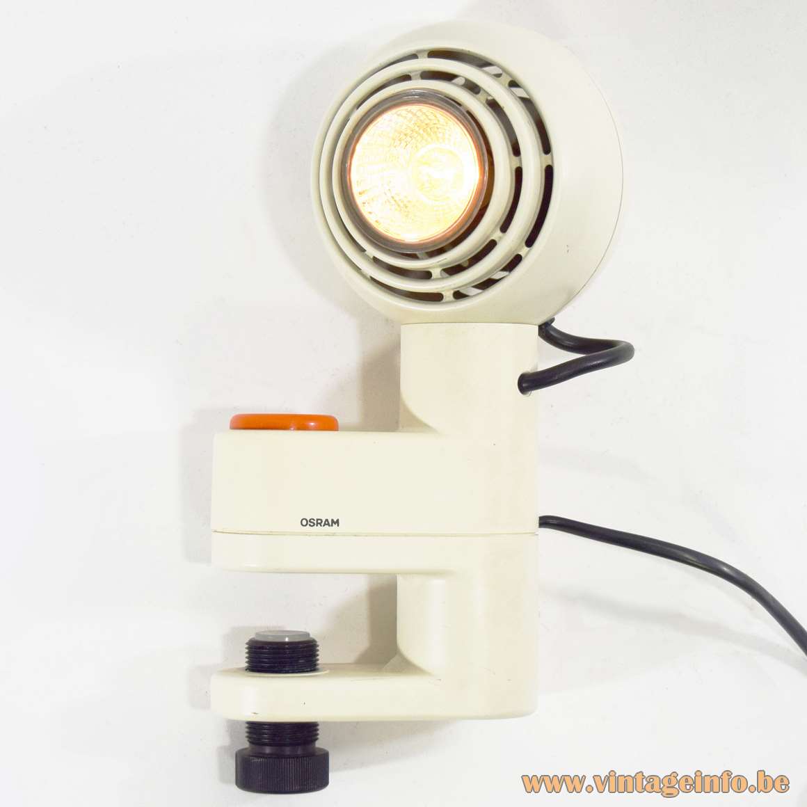 Osram Concentra Agilo Clamp Lamp white plastic magnetic globe orange round switch Schlagheck Schultes Design 1977