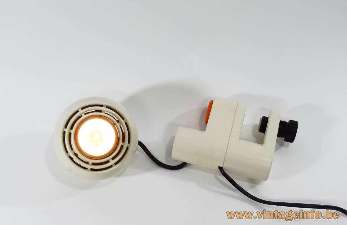 Osram Concentra Agilo clamp lamp white plastic magnetic globe orange round switch Schlagheck Schultes Design 1977