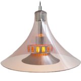 Smoked acrylic pendant lamp round clear trumpet lampshade aluminium diffuser orange plastic Massive Belgium 1970s