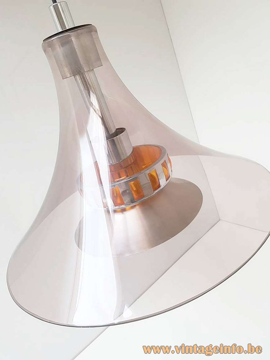 Smoked acrylic pendant lamp round clear trumpet lampshade aluminium diffuser orange plastic Massive Belgium 1970s