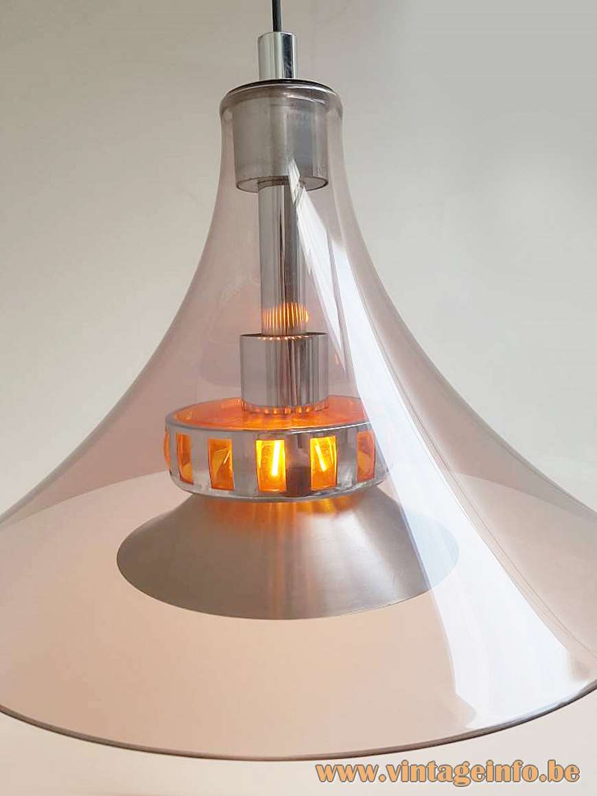 Smoked acrylic pendant lamp round clear trumpet lampshade aluminium diffuser orange plastic Massive Belgium 1970s