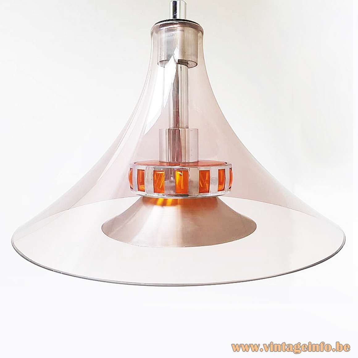 Smoked Acrylic Pendant Lamp round clear lampshade aluminium parts orange plastic Massive Belgium 1970s MCM