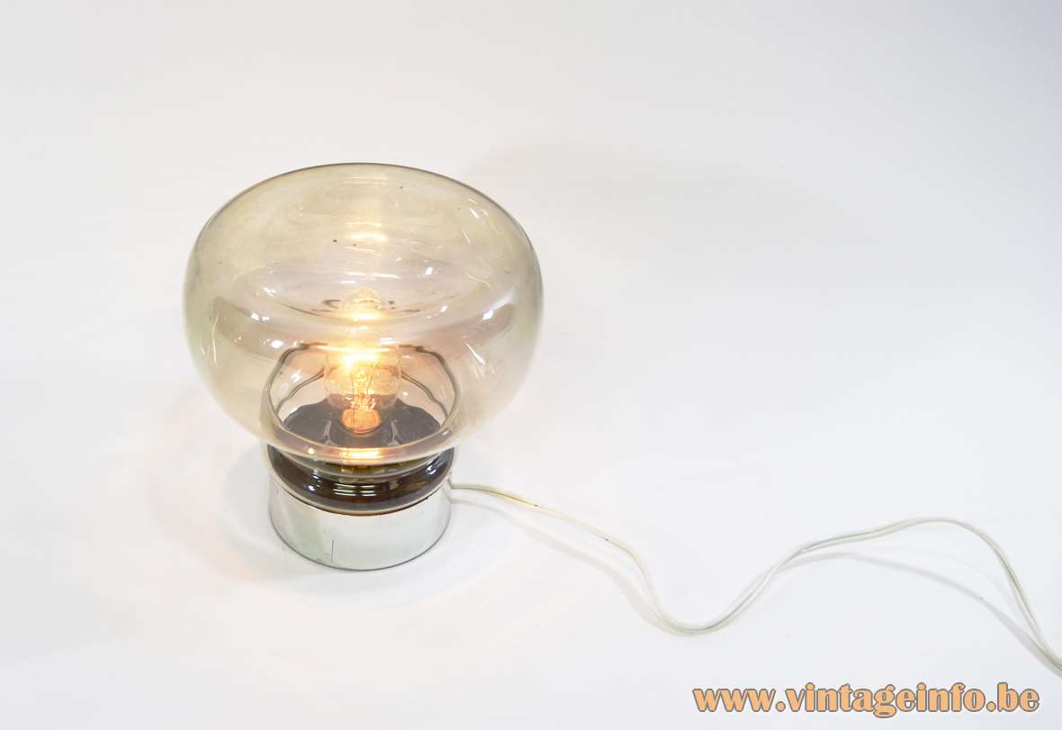 Smoked glass table lamp round chromed plastic base mushroom lampshade Massive Belgium 1960s 1970s E14 socket