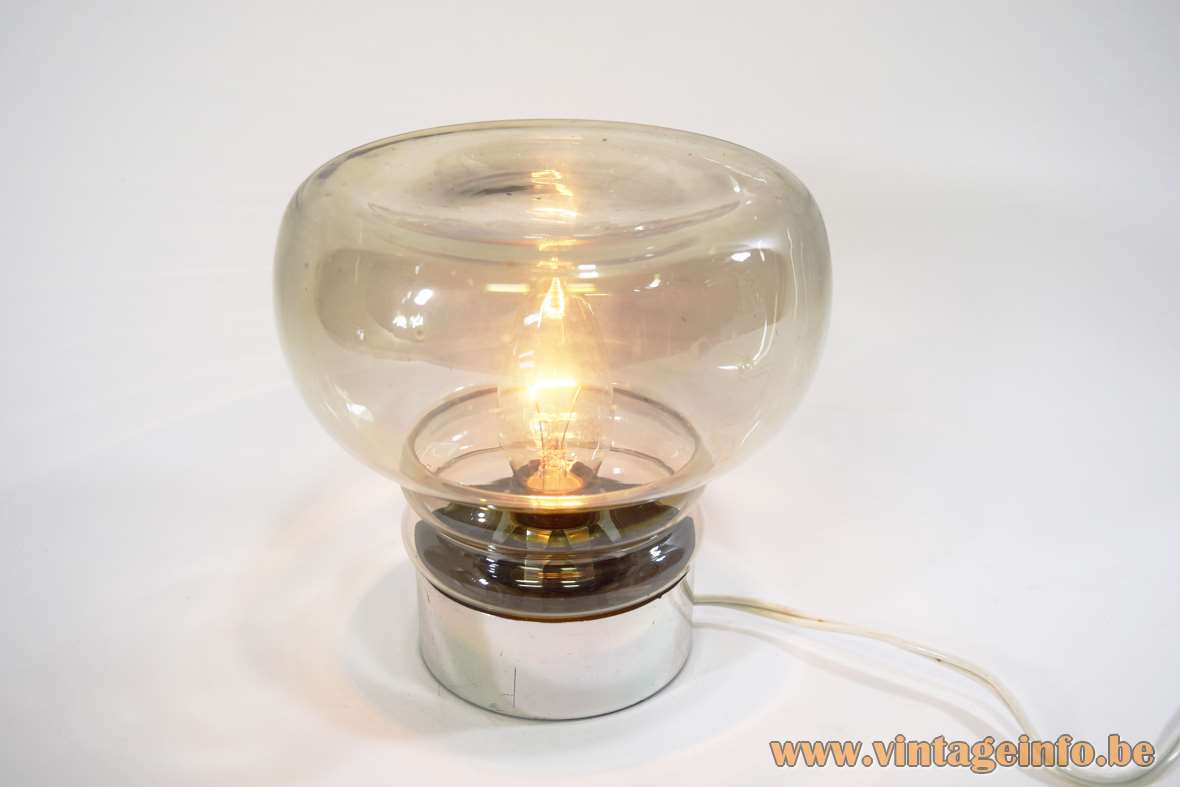 Smoked glass table lamp round chromed plastic base mushroom lampshade Massive Belgium 1960s 1970s E14 socket