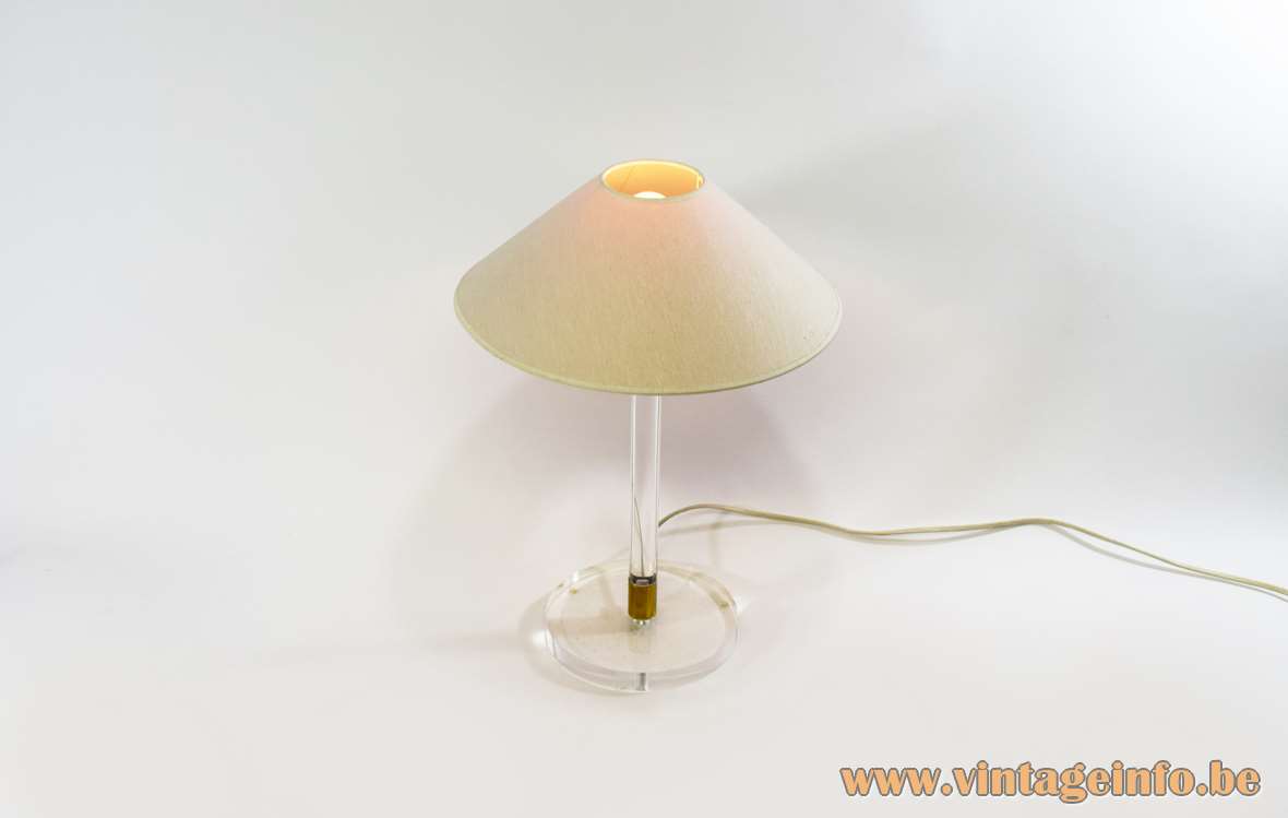 Tom Kater table lamp round clear acrylic Perspex base & rod brass rings conical fabric lampshade 1990s