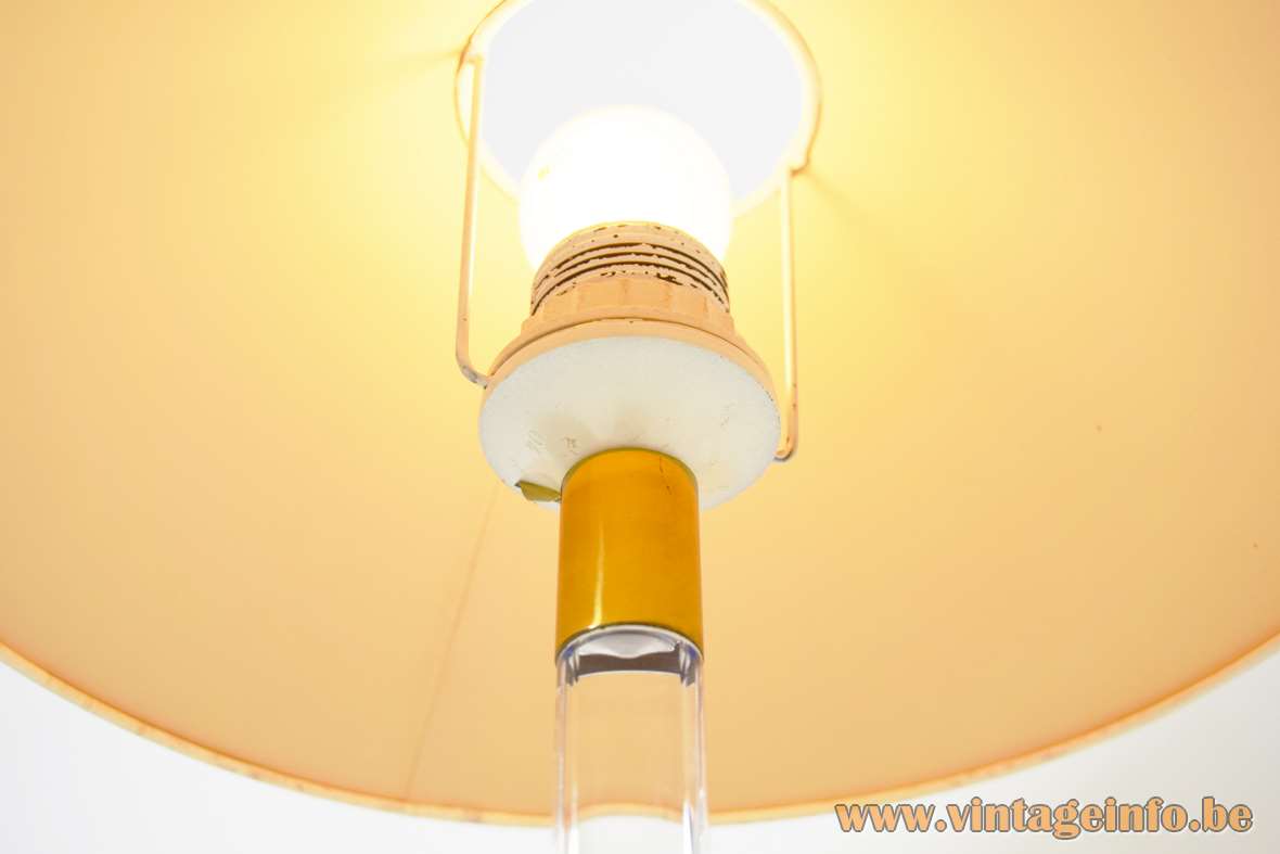 Tom Kater table lamp round clear acrylic Perspex base & rod brass rings conical fabric lampshade 1990s