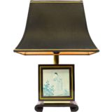 Tu Chin table lamp black wood base Chinese painting pagoda lampshade 1970s 1980s Le Dauphin France