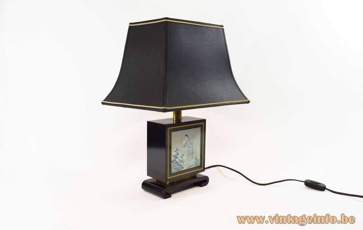 Tu Chin table lamp black wood base Chinese painting pagoda lampshade 1970s 1980s Le Dauphin France