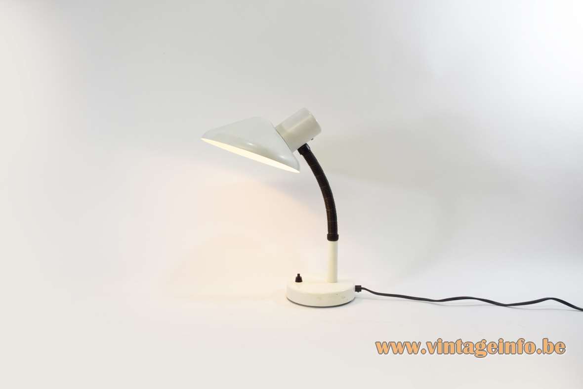 White 1970s desk lamp round base black goose-neck conical lampshade East Germany Massive Belgium 