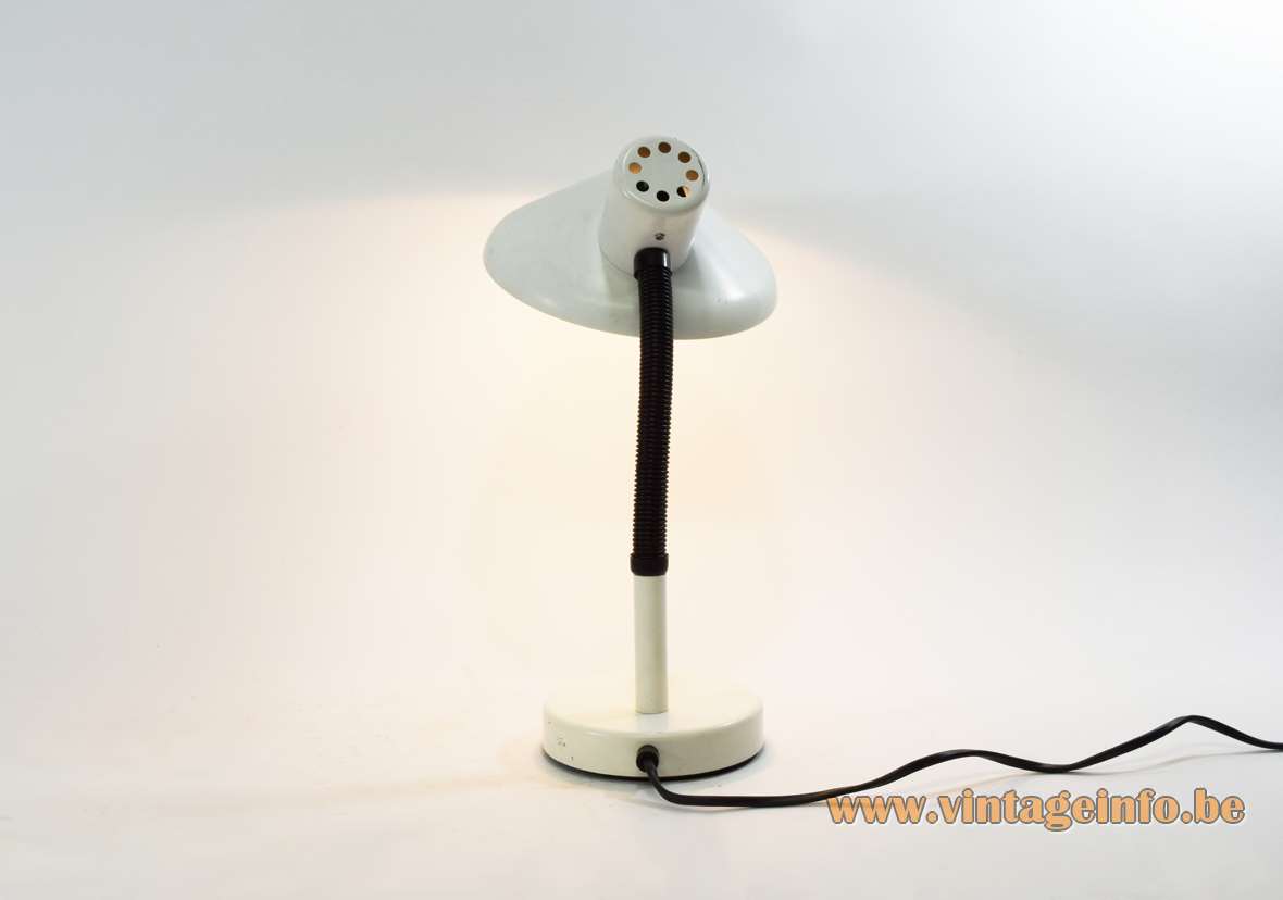 White 1970s desk lamp round base black goose-neck conical lampshade East Germany Massive Belgium 