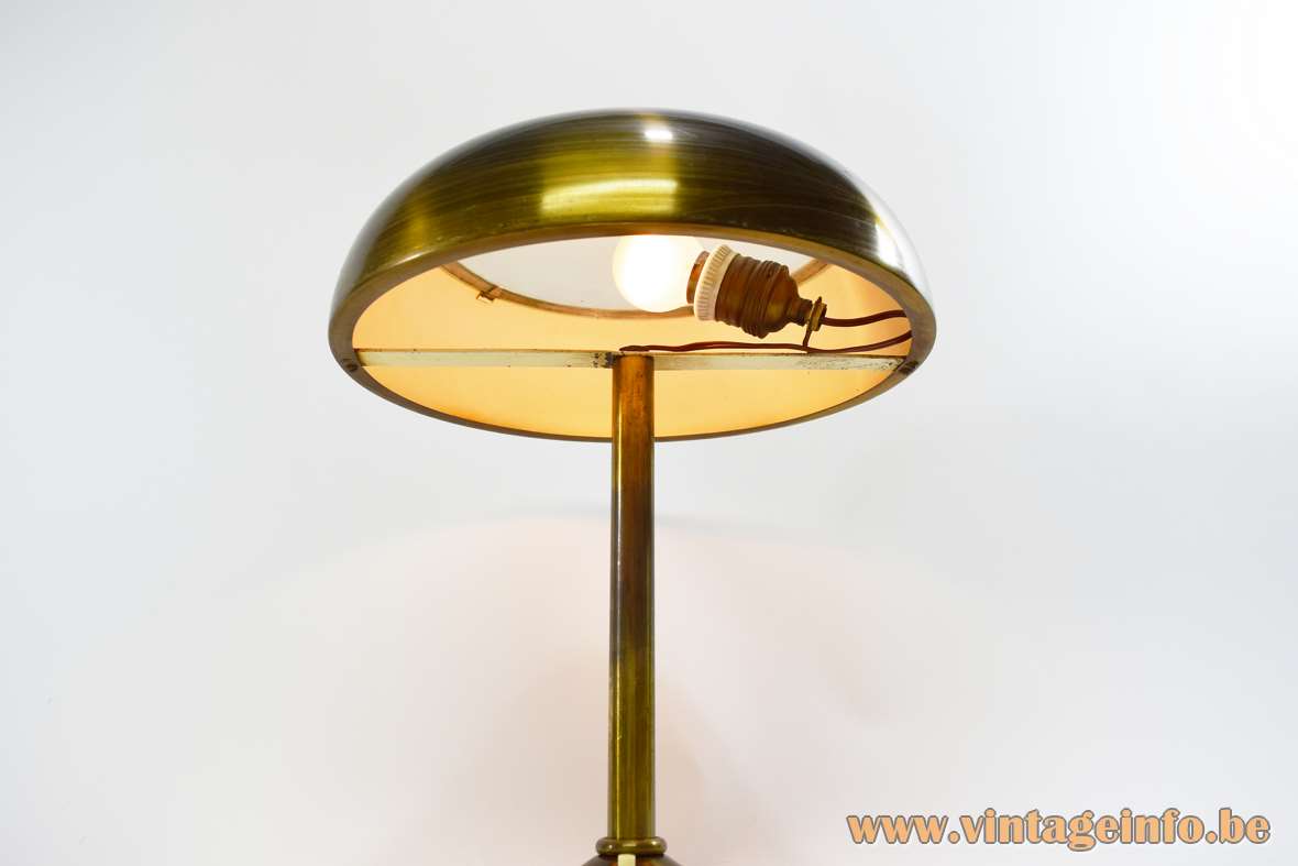 Brass Bauhaus table lamp round base and lampshade frosted glass diffuser 1930s 1940s 1950s inside