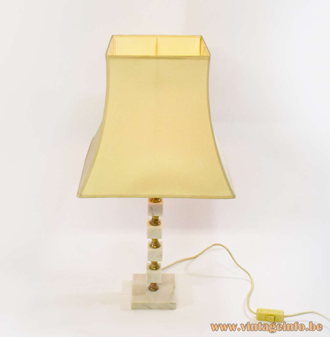 Bulgarian table lamp square marble base & cubes brass rod white pagoda lampshade 1960s 1970s