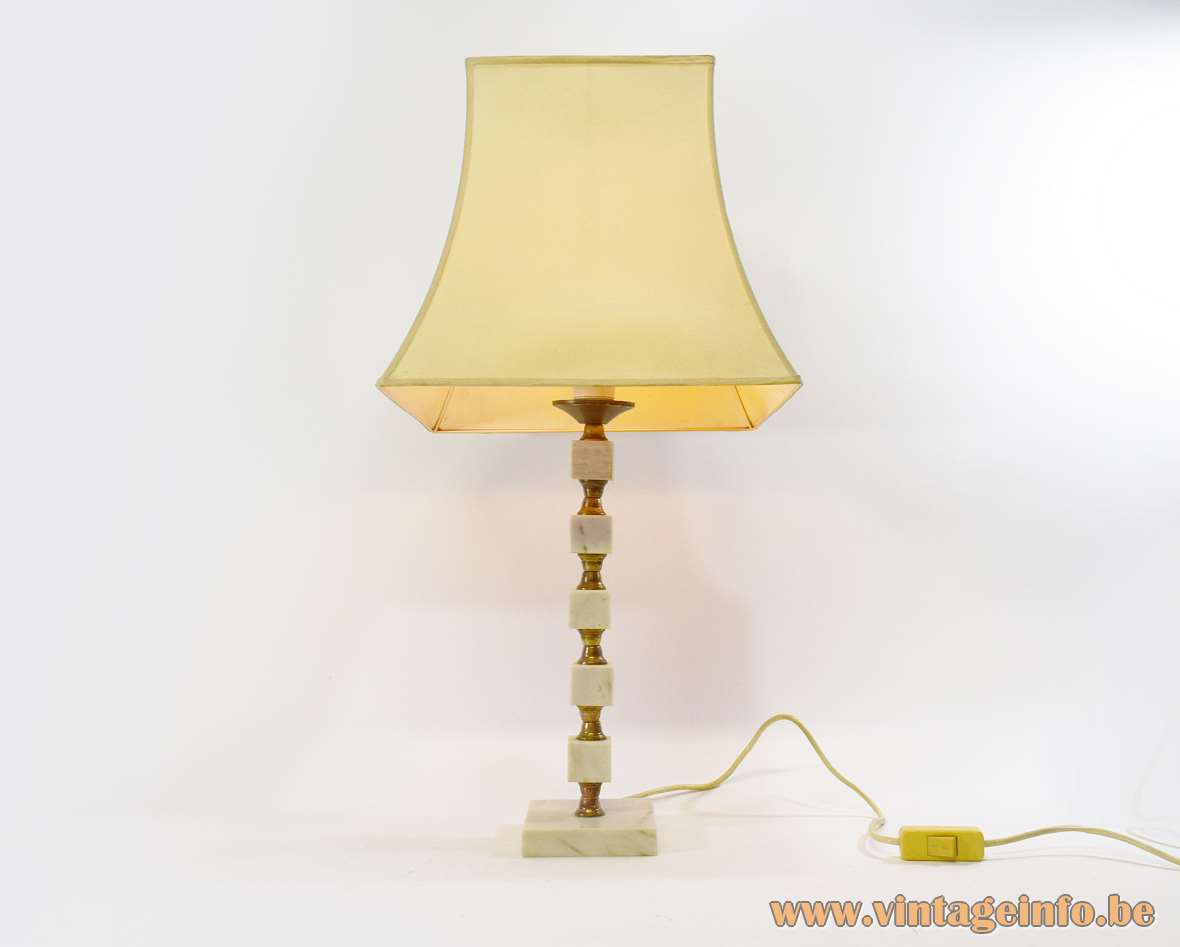 Bulgarian table lamp square marble base & cubes brass rod white pagoda lampshade 1960s 1970s