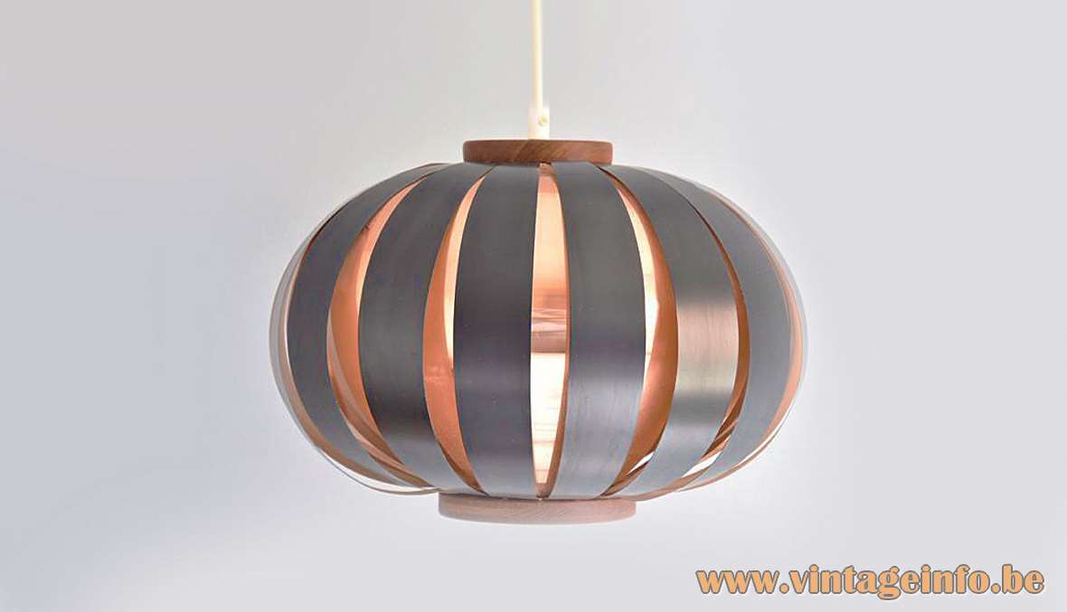 Coronell Elektro globe pendant lamp design: Werner Schou copper black metal slats teak 1960s 1970s MCM