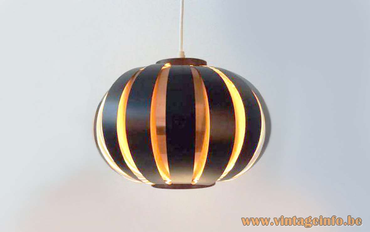 Coronell Elektro globe pendant lamp design: Werner Schou copper black metal slats teak 1960s 1970s MCM
