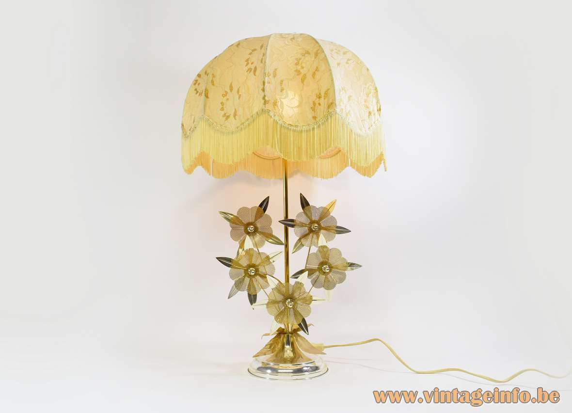 Flower kitsch table lamp gold anodised aluminium metal gauze flowers fabric frills lampshade 1970s