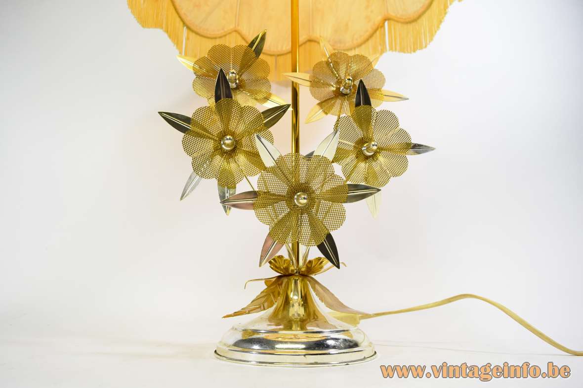 Flower kitsch table lamp gold anodised aluminium metal gauze flowers fabric frills lampshade 1970s
