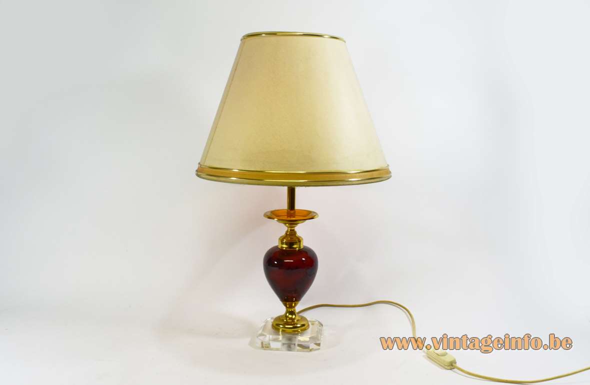Le Dauphin table lamp clear acrylic square base maroon brown ceramics globe conical lampshade 1970s 1980s