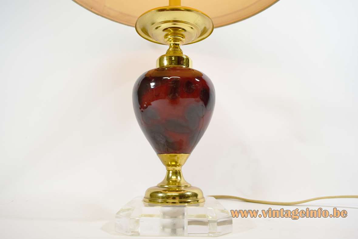 Le Dauphin table lamp clear acrylic square base maroon brown ceramics globe conical lampshade 1970s 1980s