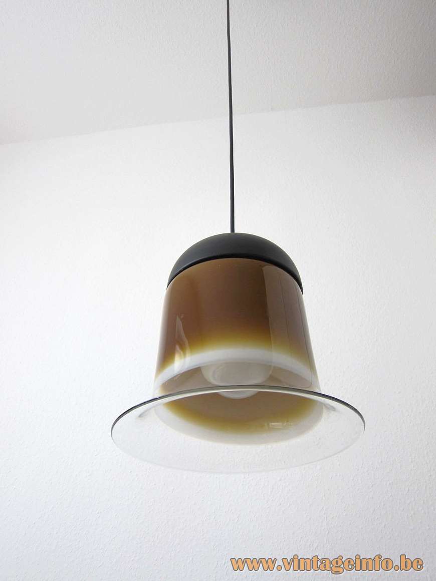Peill + Putzler bell pendant lamp model AH 182 orange-brown glass lampshade black plastic lid 1970s Germany