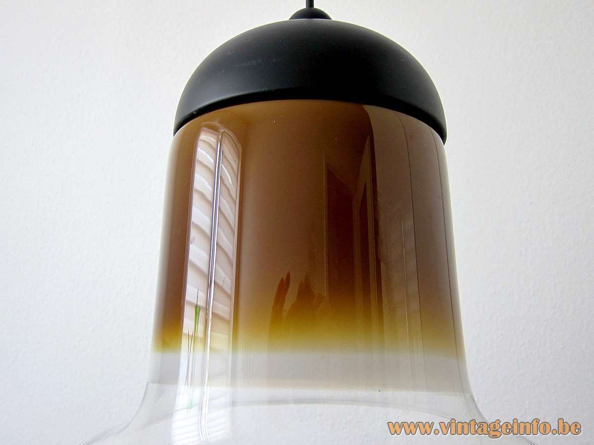 Peill + Putzler bell pendant lamp model AH 182 orange-brown glass lampshade black plastic lid 1970s Germany