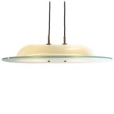 Vibia Boston pendant lamp design: Vidal Pedrals flat opal glass lampshade curved white lid 1980s 1990s Spain