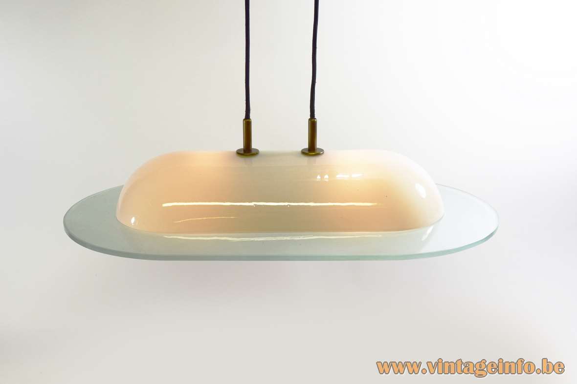 Vibia Boston pendant lamp design: Vidal Pedrals flat opal glass lampshade curved white lid 1980s 1990s Spain