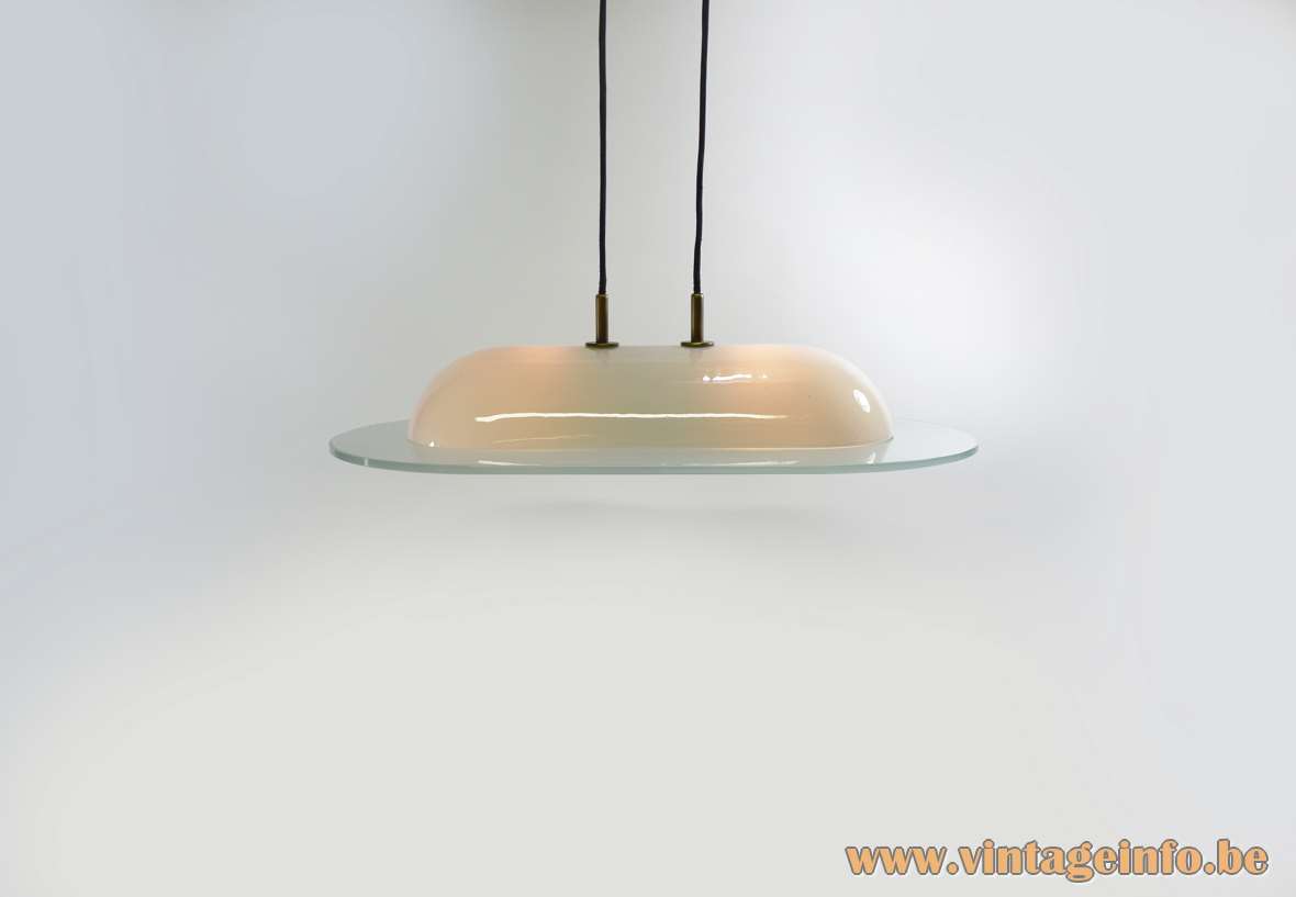 Vibia Boston pendant lamp design: Vidal Pedrals flat opal glass lampshade curved white lid 1980s 1990s Spain