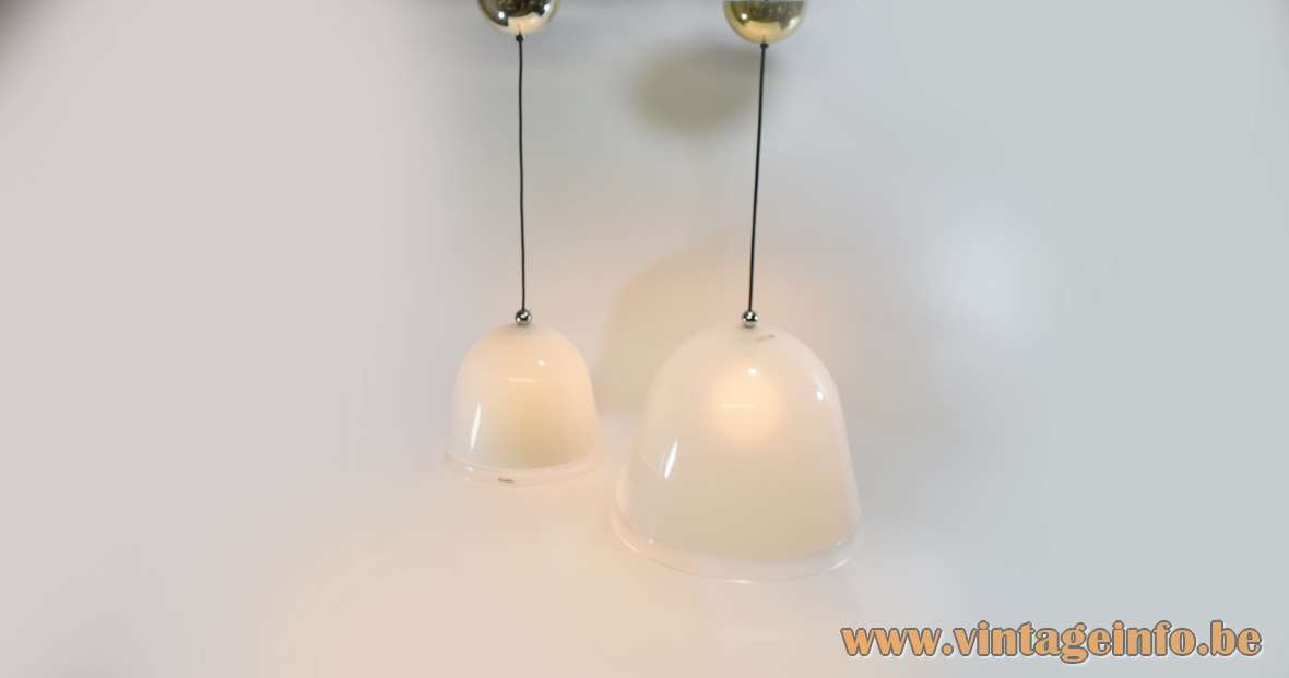 iGuzzini Kuala pendant lamp design: Franco Bresciani white & translucent acrylic conical bell lampshade 1970s Harvey Guzzini