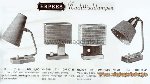 1950s perforated bedside lamp ERPEES Robert Pfäffle Germany catalogue picture 1950s 1960s MCM Mid-Century Modern