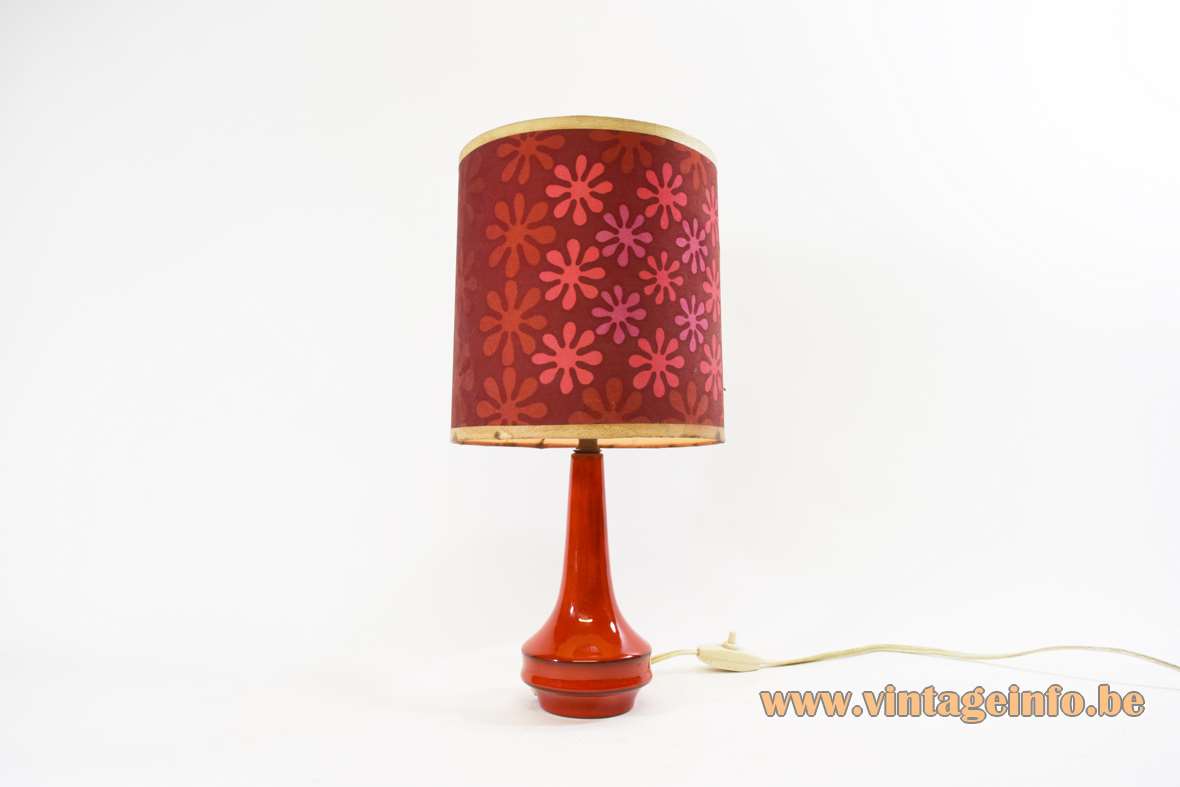 1960s red ceramic table lamp round base splash flowers lampshade 1970s MCM vintage E27 socket